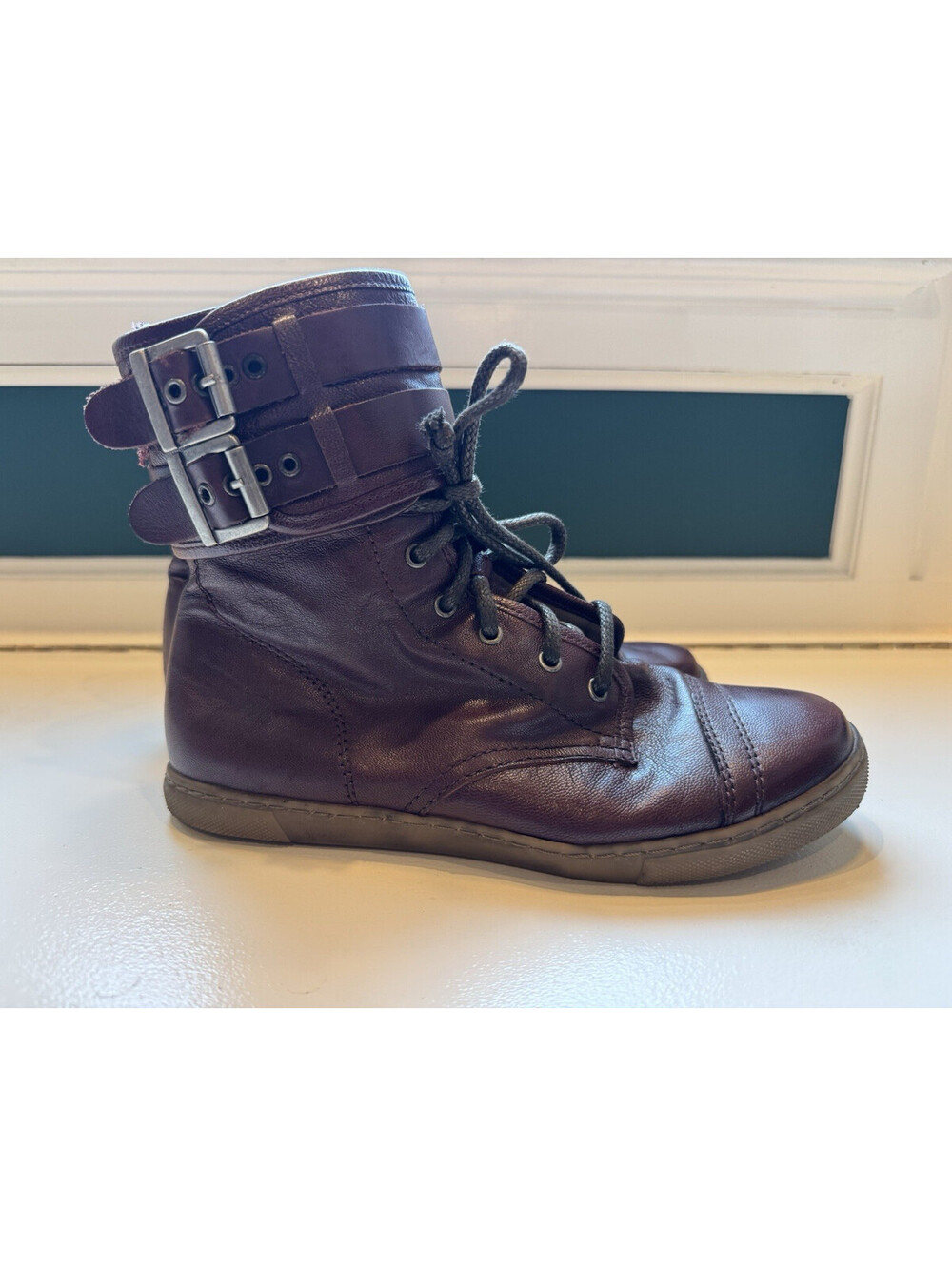 AllSaints Brown Leather Combat Ankle Boots Lace-Up Zip Buckle Straps EU37 [COPY]